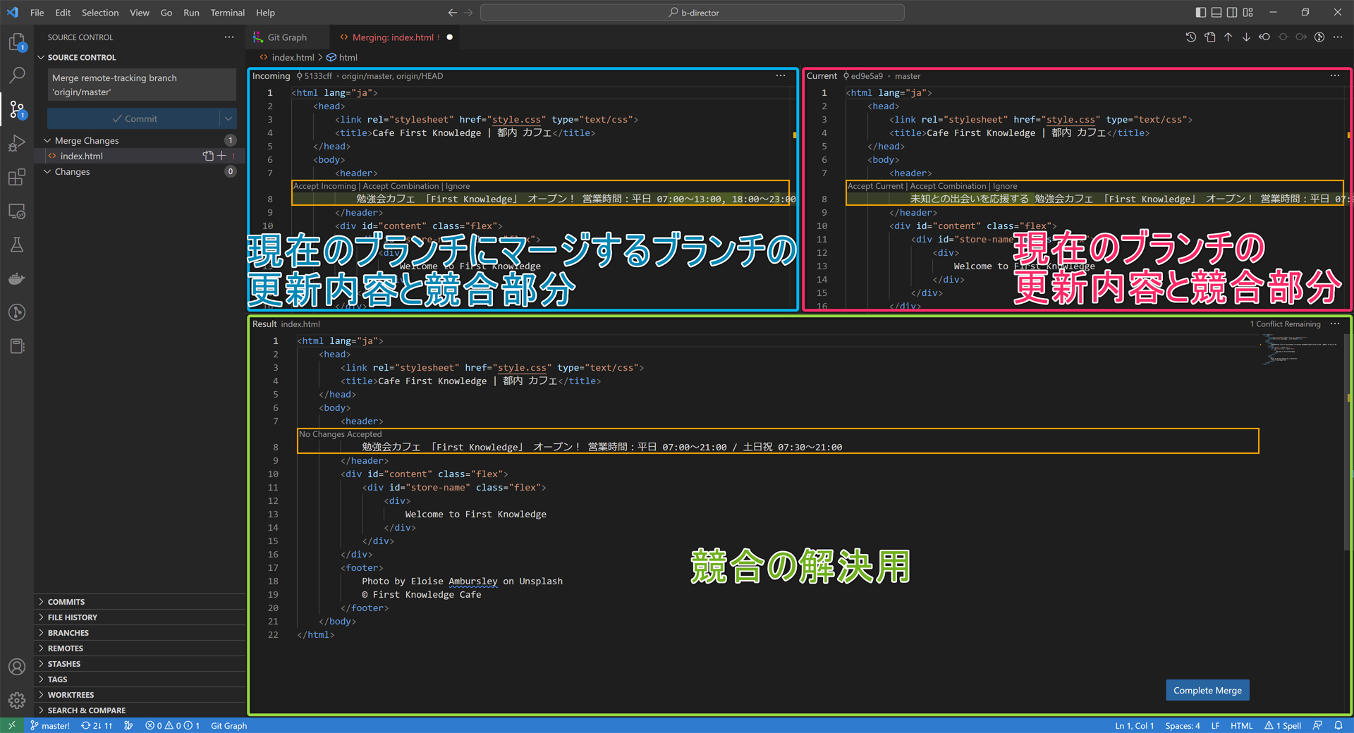 VS Code で Git 連携!ソースコード管理を効率化! 9 img vscode git 3 way merge conflict window expression 3 way